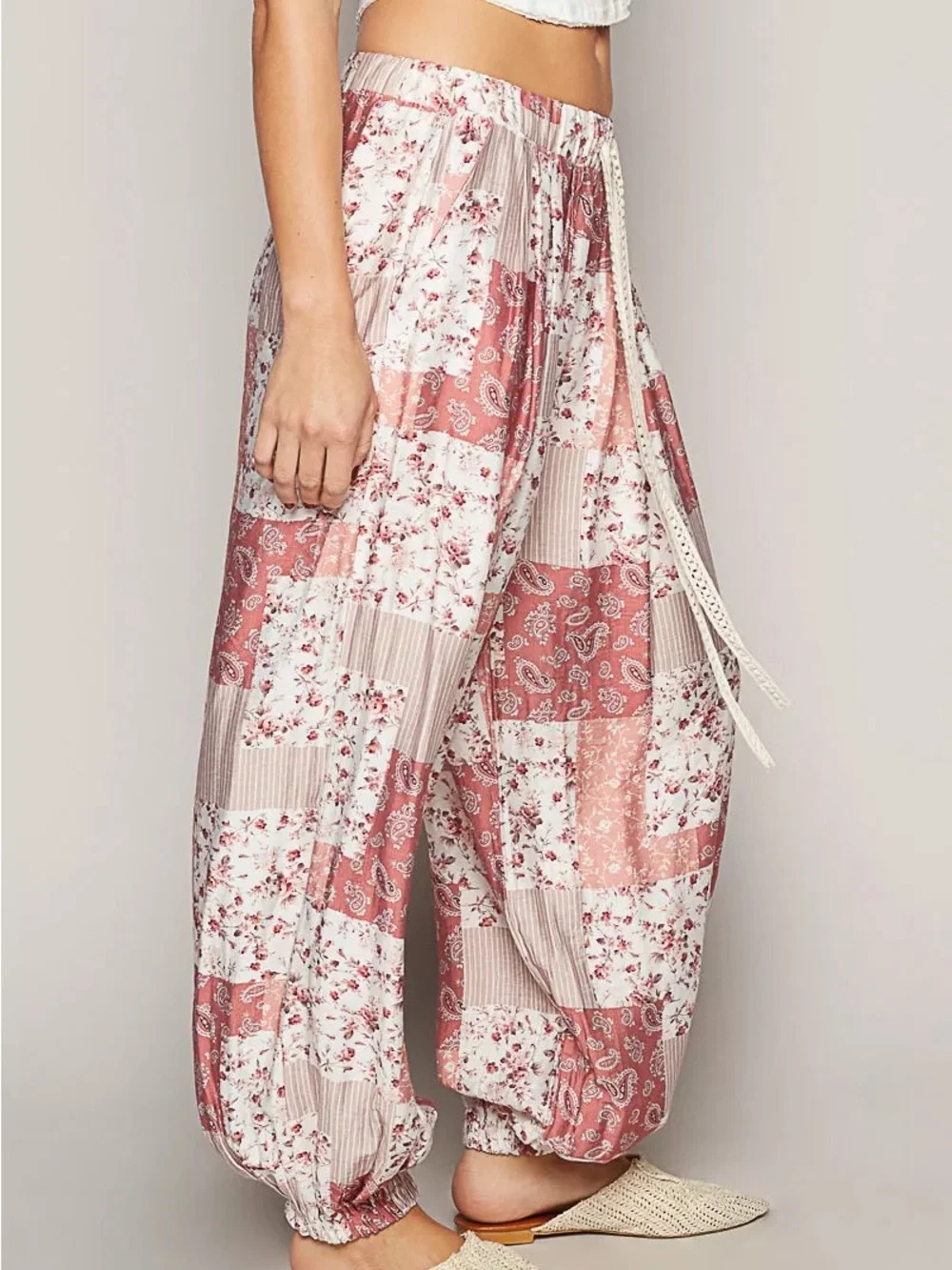 POL Drawstring Floral Patchwork Wide leg Palazzo Pant with Cuffed Ankle, LG - Picture 7 of 8